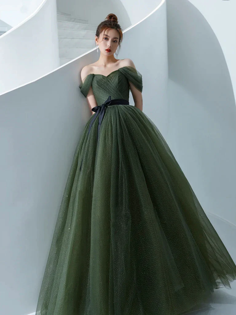 Einfaches langes Ballkleid aus grünem Tüll, Abendkleid aus grünem Tüll Y1554