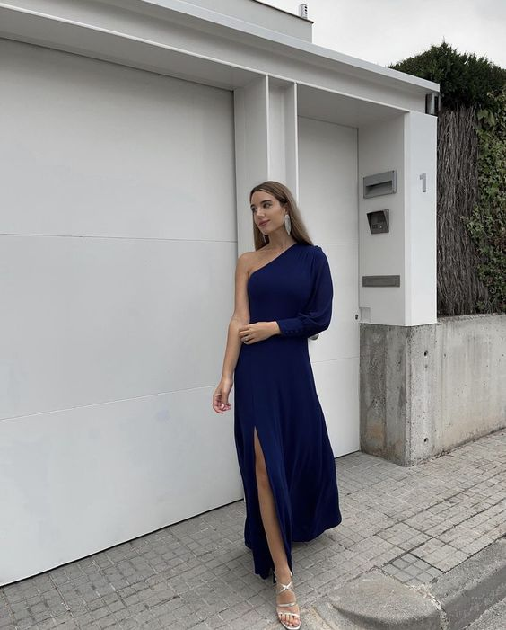 Vestido de noche formal de corte A, manga larga, un hombro y abertura Y6395