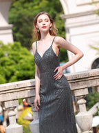 Vestidos de noche formales de lujo de corte sirena/trompeta con tirantes finos, sin mangas y hasta el suelo. 