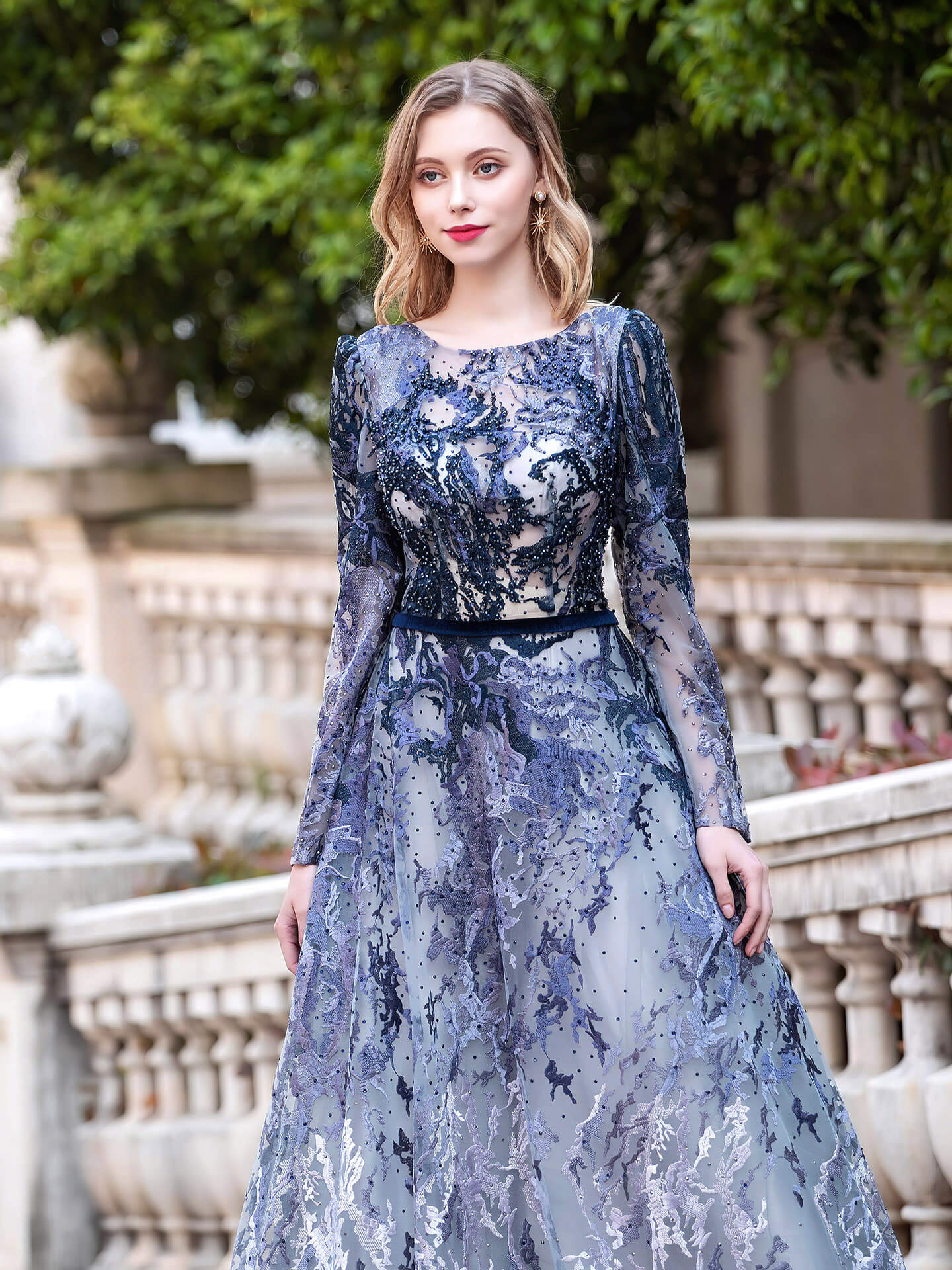 A-line Fashion Formal Evening Dresses Long Sleeve Floor Length Prom Dresses