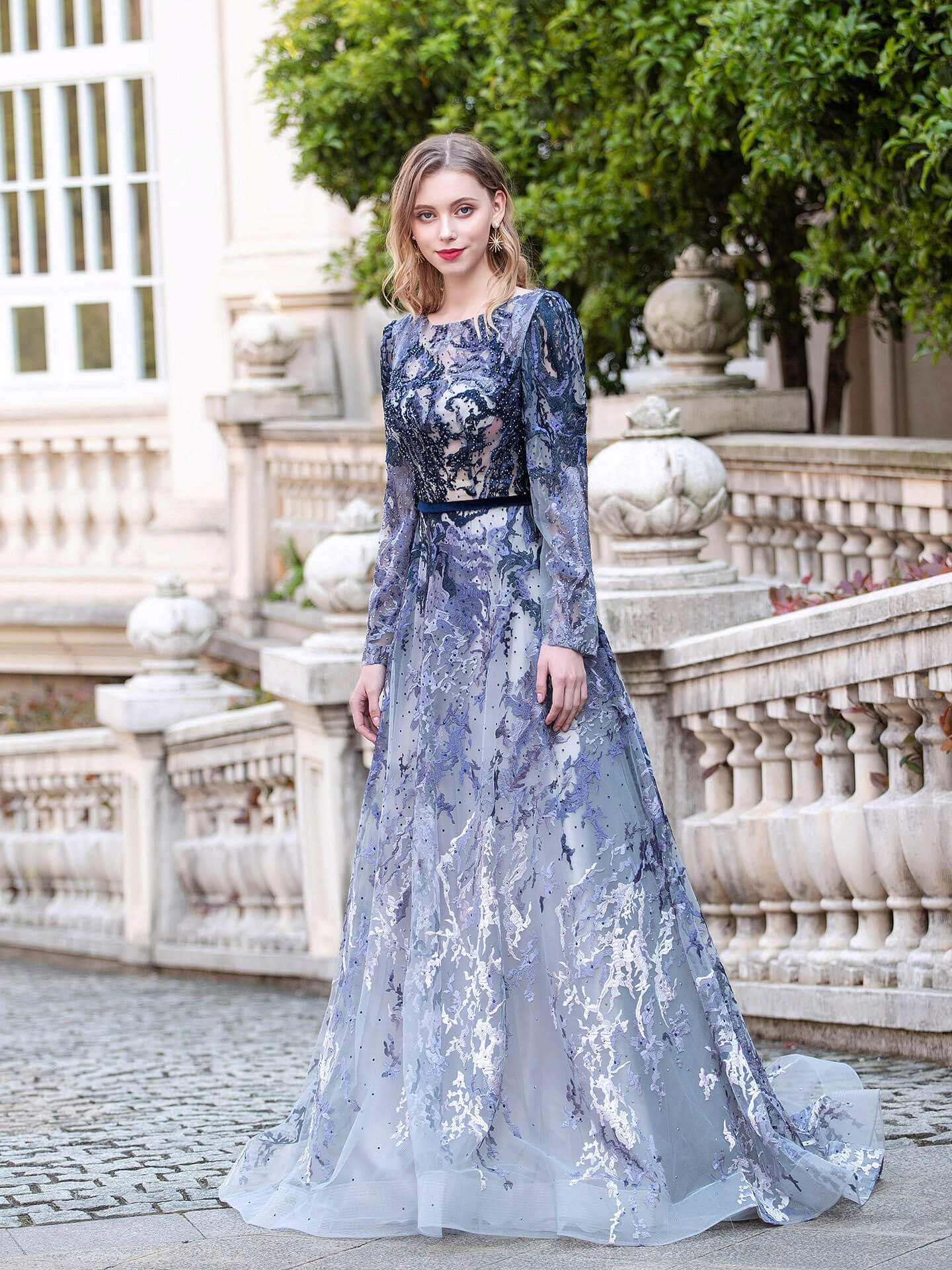 A-line Fashion Formal Evening Dresses Long Sleeve Floor Length Prom Dresses