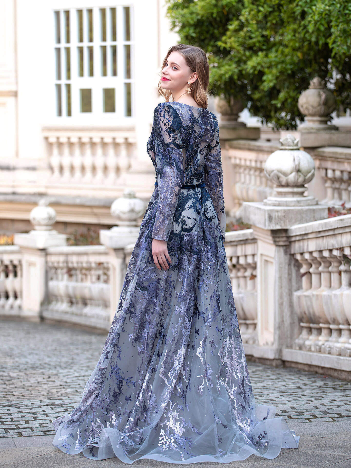A-line Fashion Formal Evening Dresses Long Sleeve Floor Length Prom Dresses
