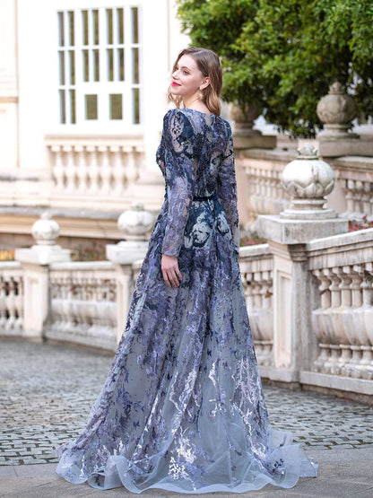 A-line Fashion Formal Evening Dresses Long Sleeve Floor Length Prom Dresses