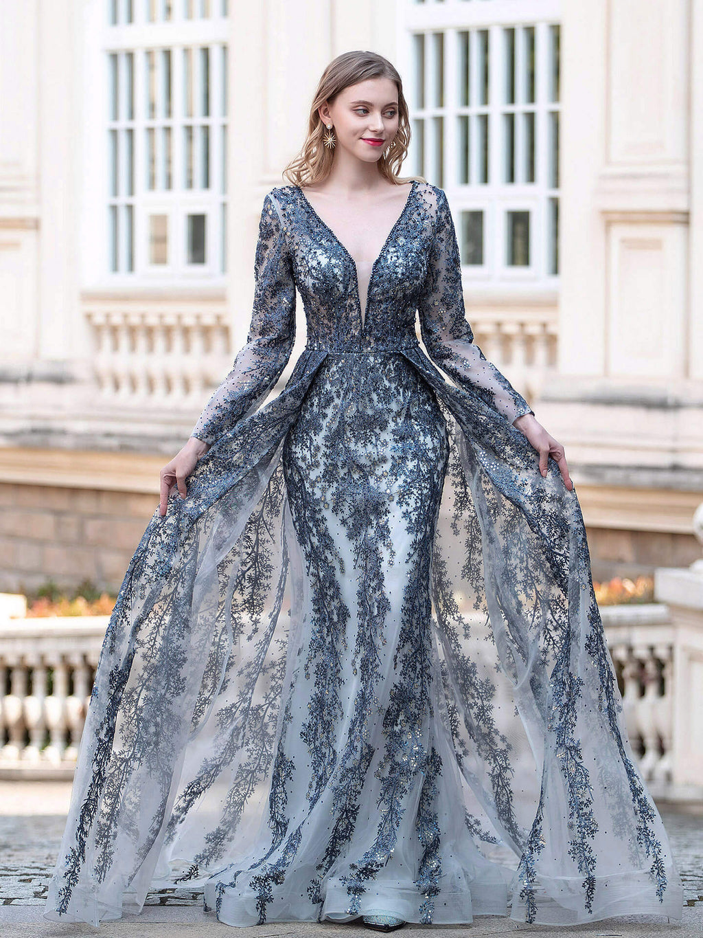 Mermaid / Trumpet V-neck Fashion Formal Evening Dresses Long Sleeve Floor Length Prom Dresses
