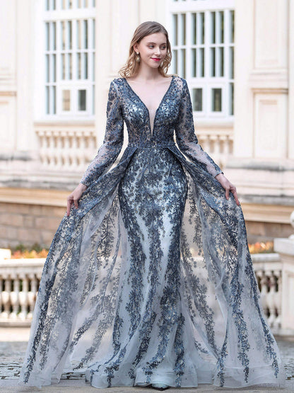 Mermaid / Trumpet V-neck Fashion Formal Evening Dresses Long Sleeve Floor Length Prom Dresses