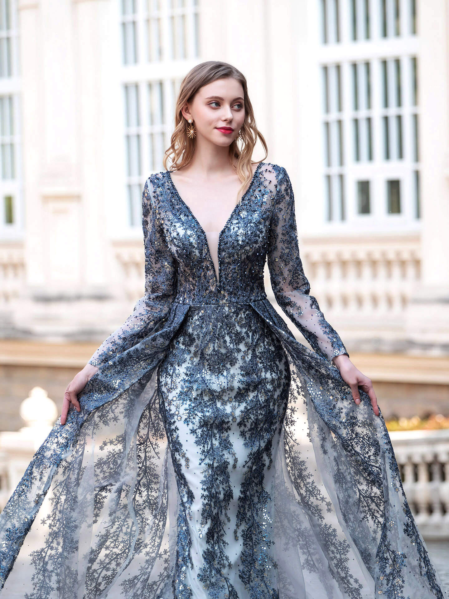 Mermaid / Trumpet V-neck Fashion Formal Evening Dresses Long Sleeve Floor Length Prom Dresses
