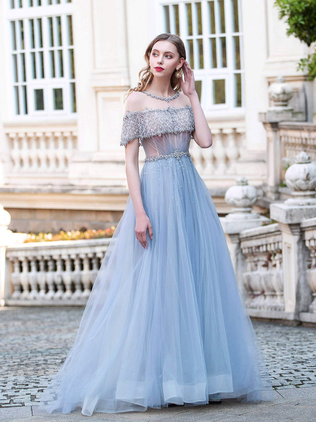 Vestidos de noche formales de lujo con cuentas de tul de corte A, de moda, mangas cortas, hasta el suelo, para fiesta 