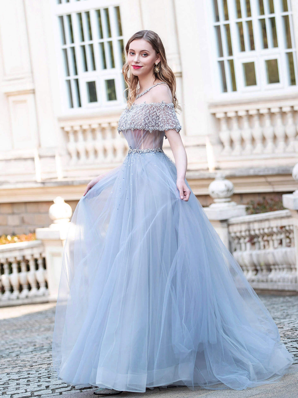 Vestidos de noche formales de lujo con cuentas de tul de corte A, de moda, mangas cortas, hasta el suelo, para fiesta 