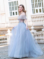 Vestidos de noche formales de lujo con cuentas de tul de corte A, de moda, mangas cortas, hasta el suelo, para fiesta 