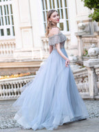 Vestidos de noche formales de lujo con cuentas de tul de corte A, de moda, mangas cortas, hasta el suelo, para fiesta 