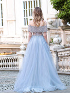 Vestidos de noche formales de lujo con cuentas de tul de corte A, de moda, mangas cortas, hasta el suelo, para fiesta 
