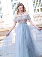 Vestidos de noche formales de lujo con cuentas de tul de corte A, de moda, mangas cortas, hasta el suelo, para fiesta 