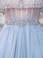 Vestidos de noche formales de lujo con cuentas de tul de corte A, de moda, mangas cortas, hasta el suelo, para fiesta 