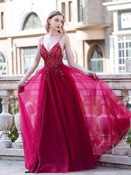 Vestidos de noche formales, lujosos, sexys, de corte A, con tirantes finos, sin mangas y abertura, hasta el suelo, para fiesta de graduación 