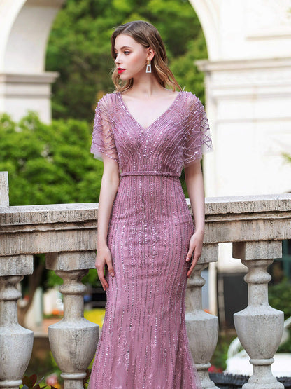 Mermaid V-neck Beaded Luxurious Fashion Formal Evening Dresses Short Sleeve Floor Length Prom Dresses