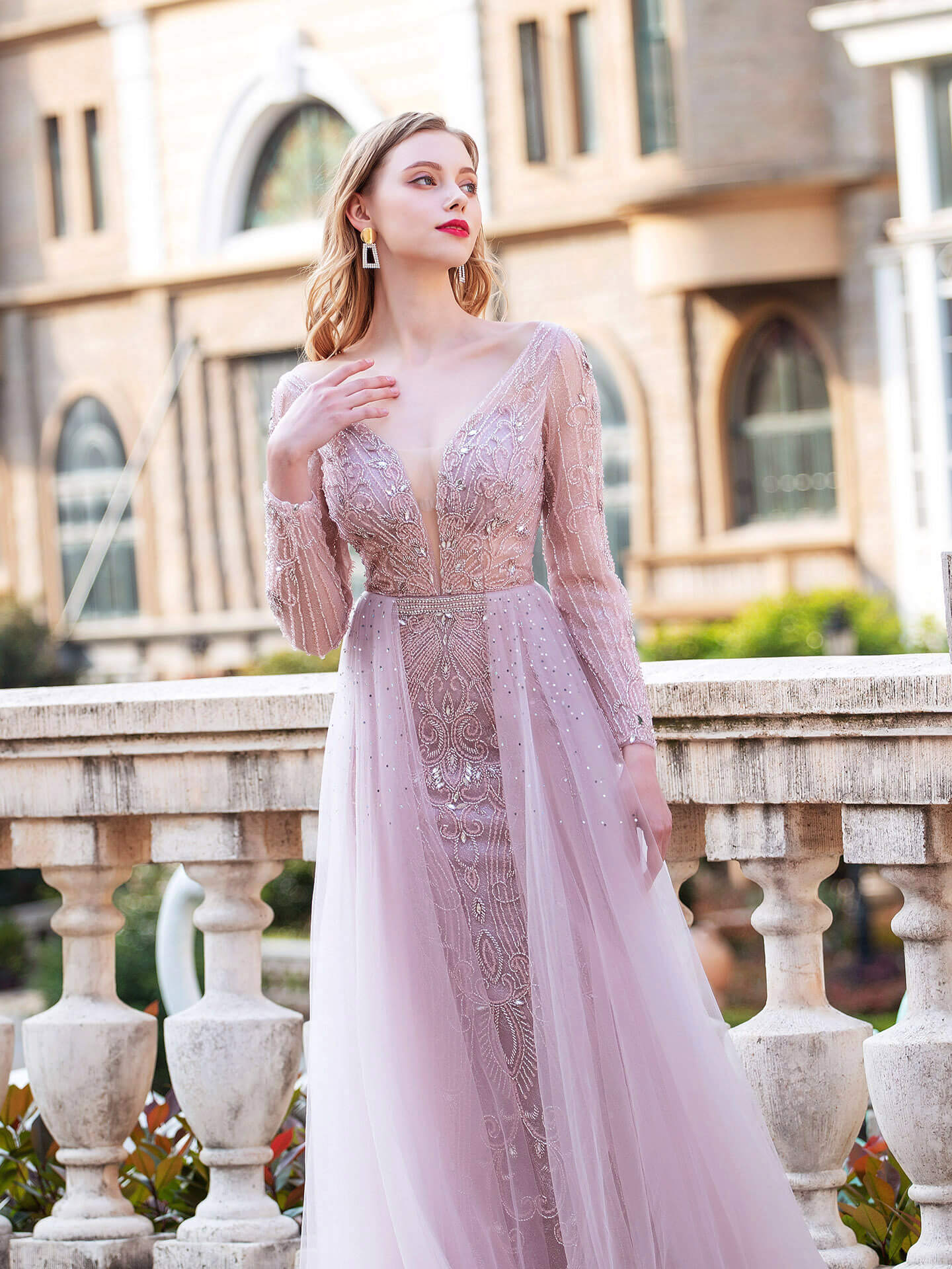 Mermaid V-neck Beaded Luxurious Fashion Formal Evening Dresses Long Sleeve Floor Length Prom Dresses