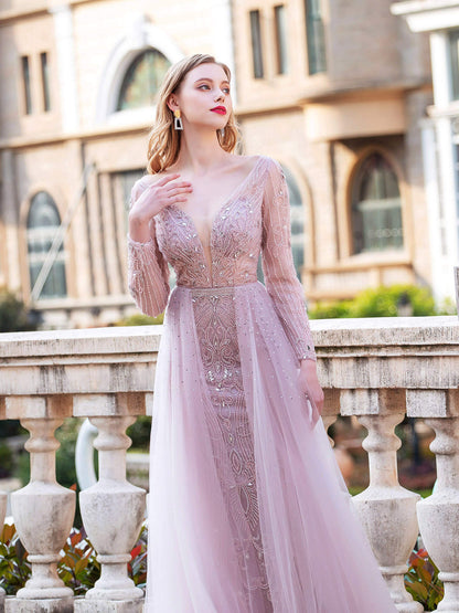 Mermaid V-neck Beaded Luxurious Fashion Formal Evening Dresses Long Sleeve Floor Length Prom Dresses