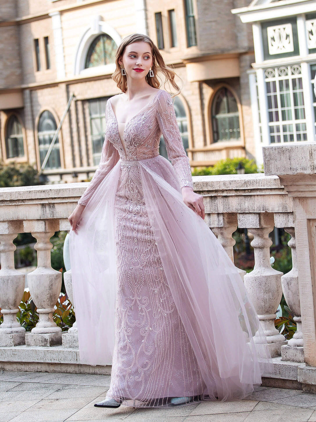 Mermaid V-neck Beaded Luxurious Fashion Formal Evening Dresses Long Sleeve Floor Length Prom Dresses