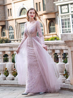 Mermaid V-neck Beaded Luxurious Fashion Formal Evening Dresses Long Sleeve Floor Length Prom Dresses