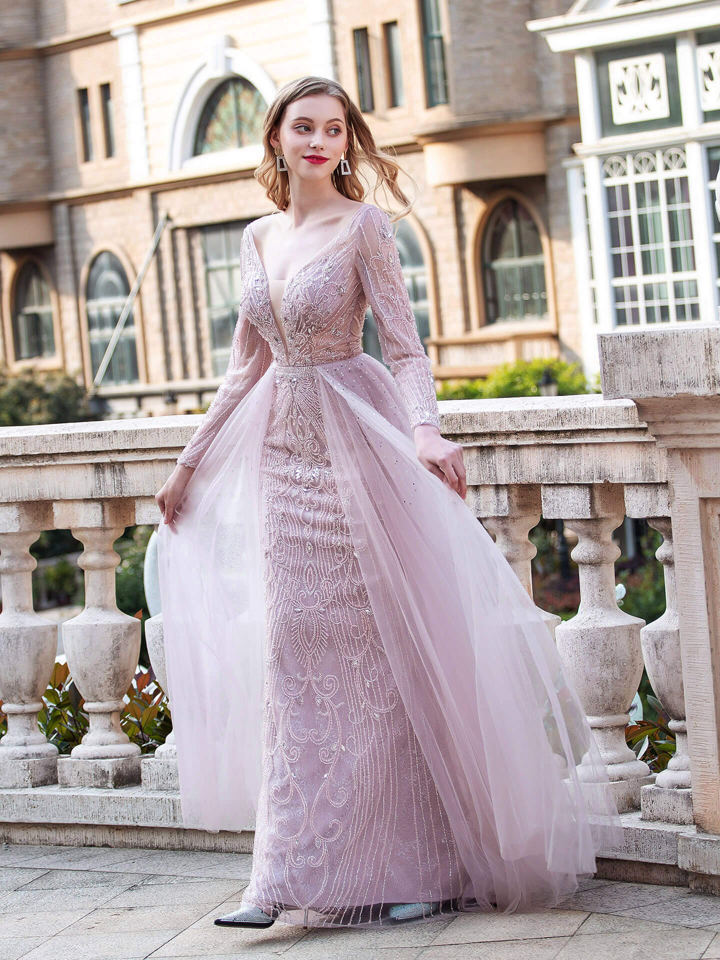 Mermaid V-neck Beaded Luxurious Fashion Formal Evening Dresses Long Sleeve Floor Length Prom Dresses
