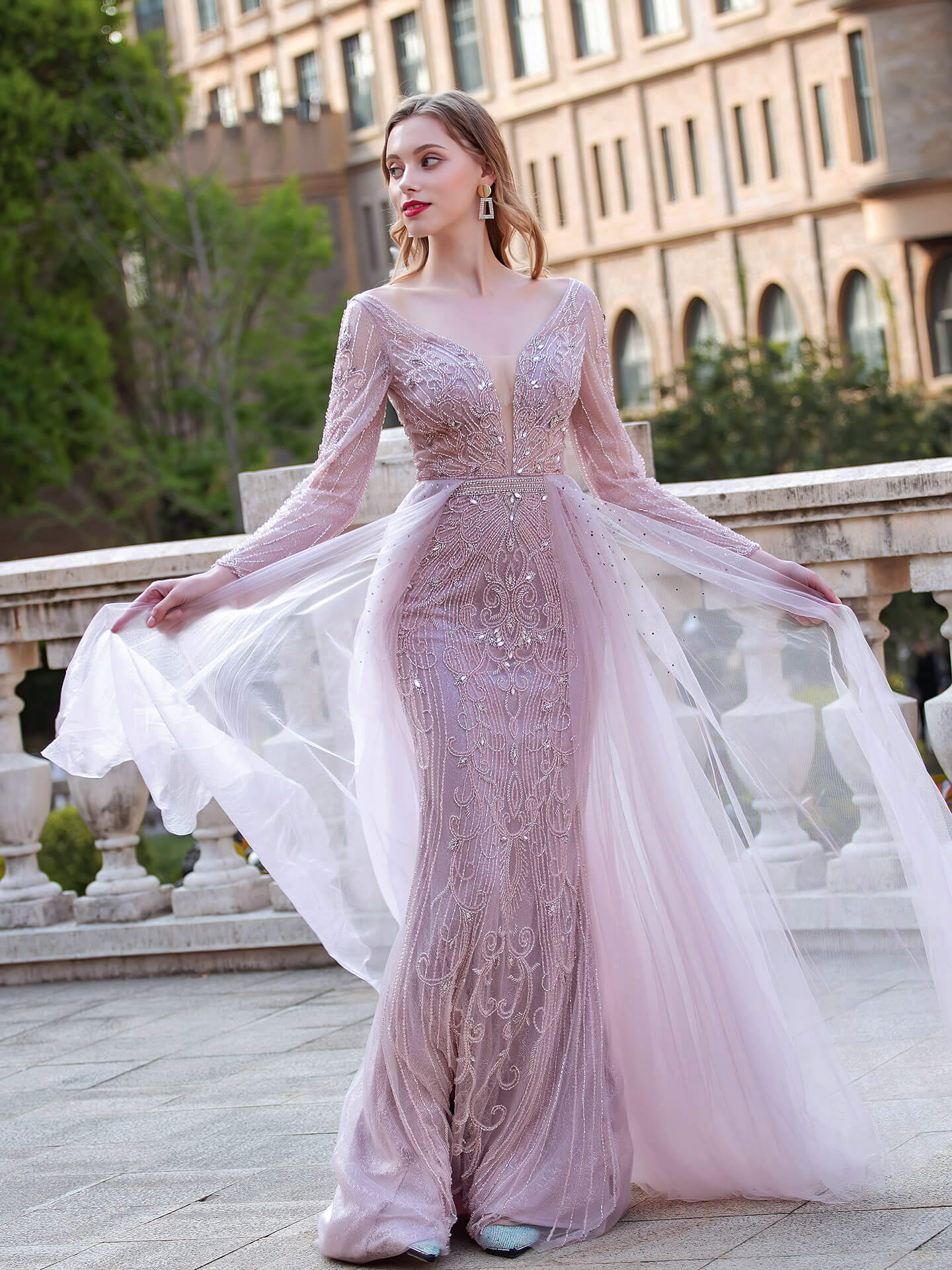 Mermaid V-neck Beaded Luxurious Fashion Formal Evening Dresses Long Sleeve Floor Length Prom Dresses