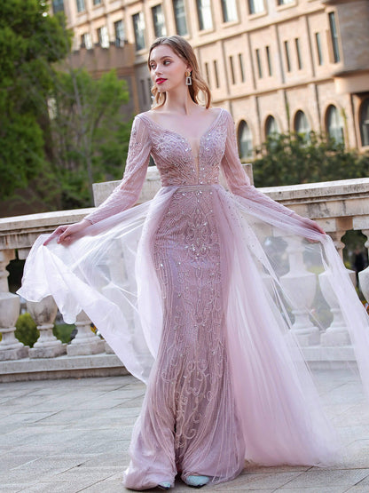 Mermaid V-neck Beaded Luxurious Fashion Formal Evening Dresses Long Sleeve Floor Length Prom Dresses