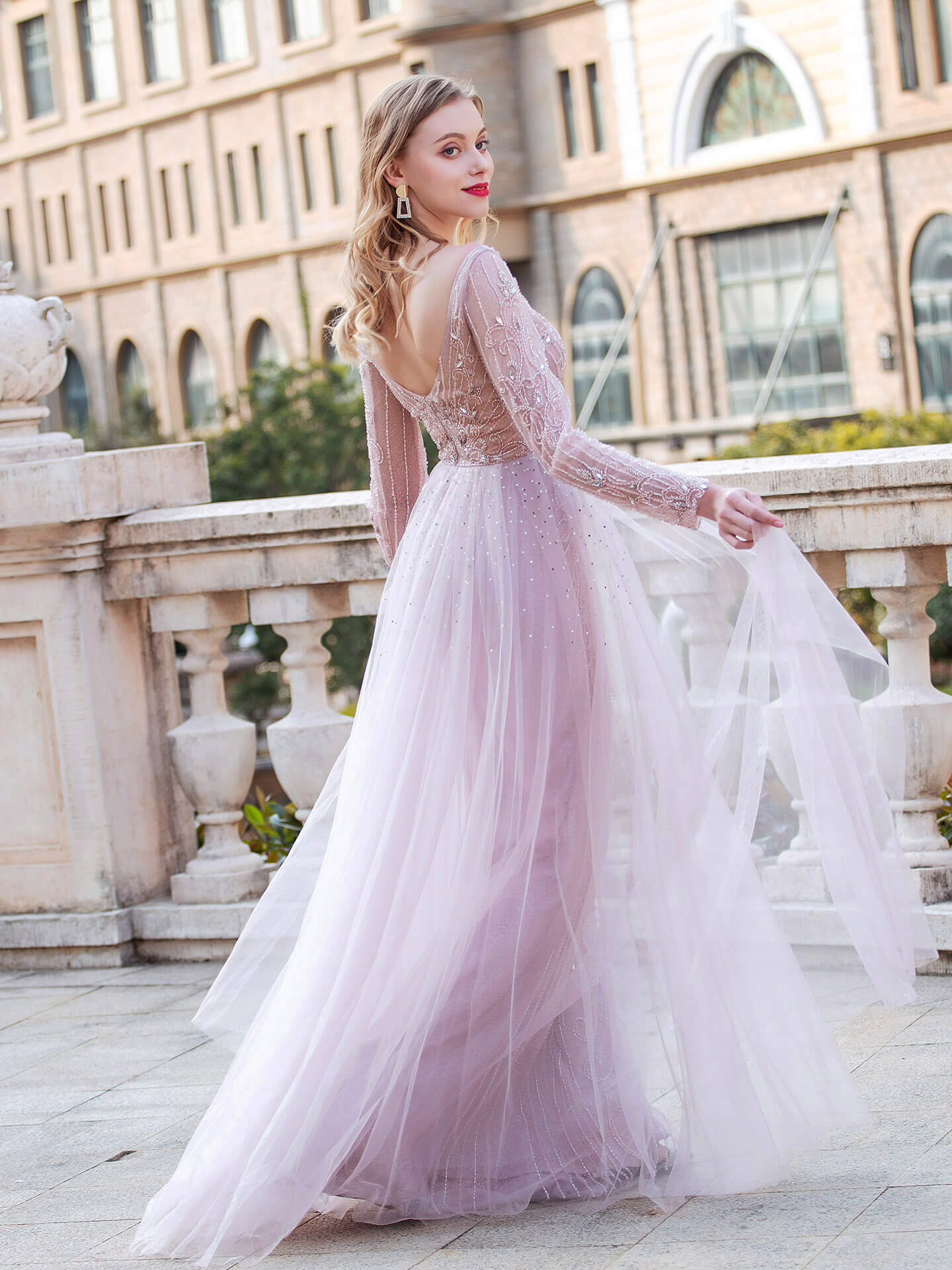 Mermaid V-neck Beaded Luxurious Fashion Formal Evening Dresses Long Sleeve Floor Length Prom Dresses