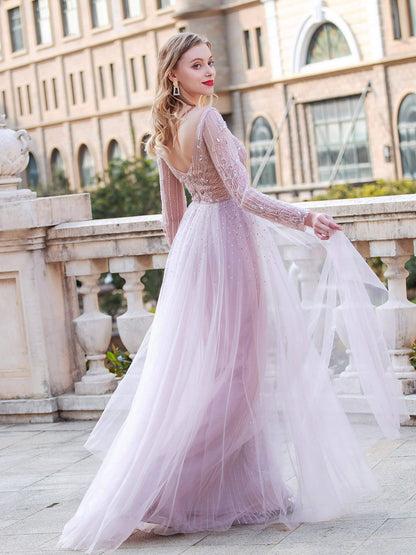 Mermaid V-neck Beaded Luxurious Fashion Formal Evening Dresses Long Sleeve Floor Length Prom Dresses