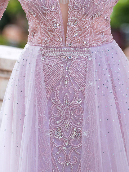 Mermaid V-neck Beaded Luxurious Fashion Formal Evening Dresses Long Sleeve Floor Length Prom Dresses