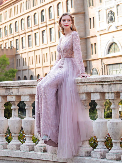 Mermaid V-neck Beaded Luxurious Fashion Formal Evening Dresses Long Sleeve Floor Length Prom Dresses