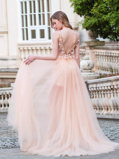 A-line Luxurious Fashion Sexy V-neck Formal Evening Dresses Sleeveless Floor Length Prom Dresses
