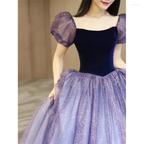 Lila Tüll Kurzarm Abendkleid Süßes A-Linie Abendkleid Y4291
