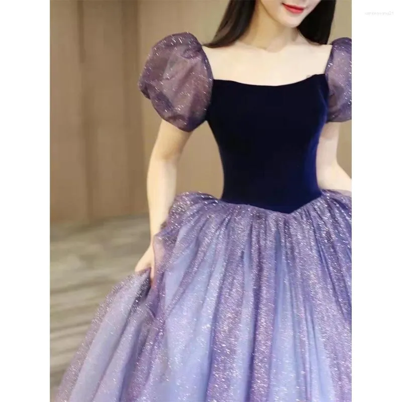 Lila Tüll Kurzarm Abendkleid Süßes A-Linie Abendkleid Y4291