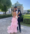 Rosa A-Linie Stufen-Ballkleid für Damen Rosa Rückenfreies Abendkleid Y4532