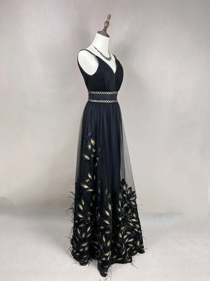 Hermoso vestido de fiesta de tul negro con plumas de seda doradas, corte A, vestido de noche formal Y8652