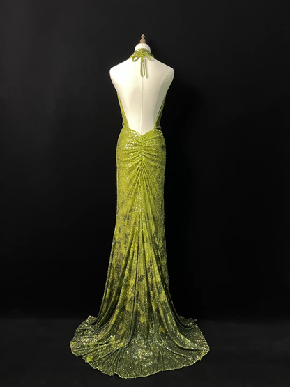 Hermoso vestido de fiesta verde con lentejuelas y escote halter, espalda descubierta, vestido de noche largo estilo sirena Y8647