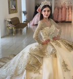 Vestidos de quinceañera con volantes color champán, apliques de lentejuelas y cuentas, manga larga, vestido formal de princesa para fiesta de graduación Y4952
