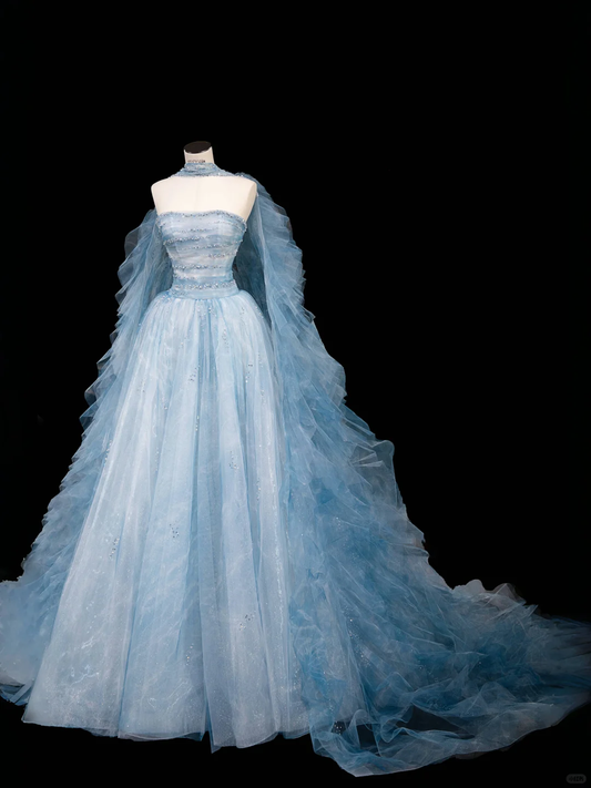 Vestido de fiesta largo de tul azul de ensueño con cuentas y corte A, vestido de noche Y8691