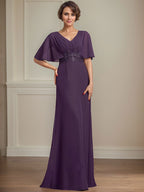 Vestido de gasa para madre de la novia, corte A, escote en V, largo hasta el suelo, con apliques de lentejuelas plisadas y encaje