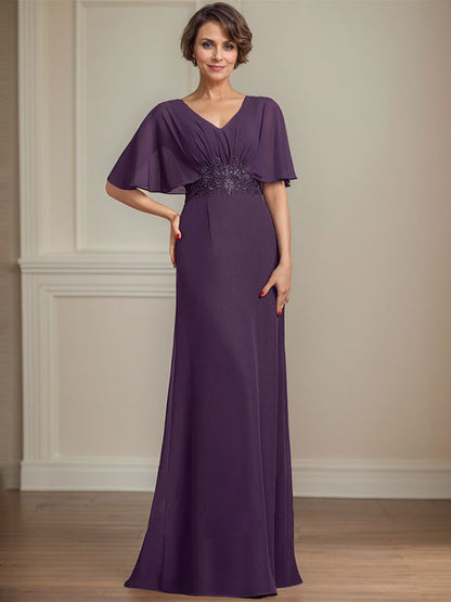A-Linie V-Ausschnitt Bodenlanges Chiffonkleid für die Brautmutter mit plissierten Paillettenapplikationen Spitze