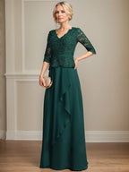 A-Linie V-Ausschnitt Bodenlanges Spitzen-Chiffon-Kleid für die Brautmutter mit kaskadierenden Rüschen und Pailletten 