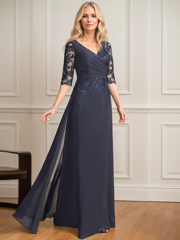 Vestido de madre de la novia de gasa con encaje, escote en V y lentejuelas plisadas hasta el suelo
