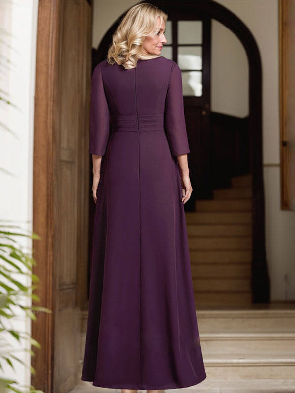 Vestido de gasa para madre de la novia con escote en V, largo hasta el suelo, con pliegues y cuentas