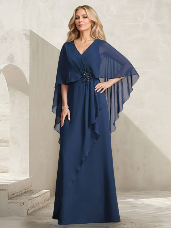 Vestido de gasa para madre de la novia con escote en V, corte A y largo hasta el suelo, con volantes en cascada y cuentas