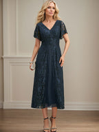 A-Linie V-Ausschnitt Wadenlanges Chiffon-Kleid für die Brautmutter 