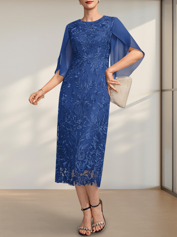 Vestido para madre de la novia de gasa con encaje, corte tubo, escote redondo y largo hasta la rodilla