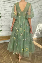 Grünes V-Ausschnitt Kurze Ärmel Knöchellanges Blumen Tüll Kurzes Ballkleid