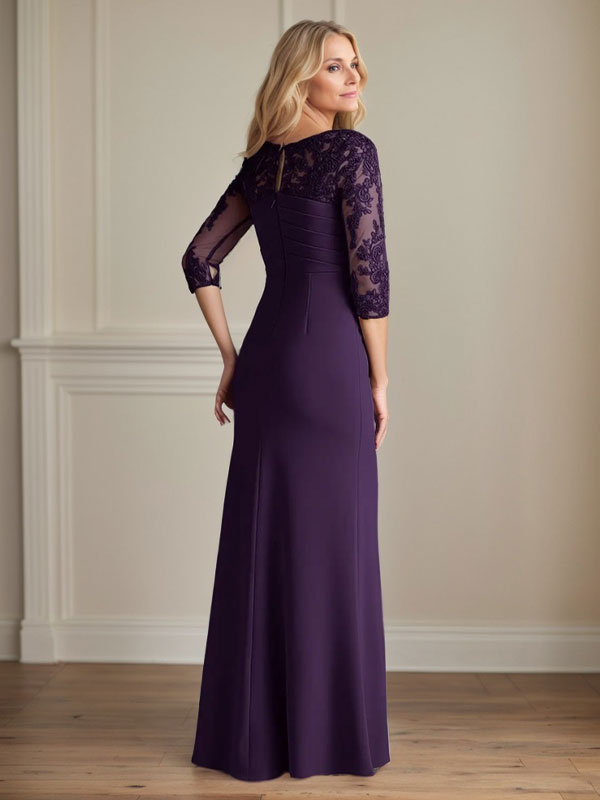 Vestido para madre de la novia de crepé elástico con encaje color ciruela