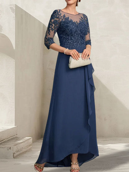 A-line Scoop Illusion Asymmetrical Lace Chiffon Mother of the Bride Dress With Sequins Cascading Ruffles