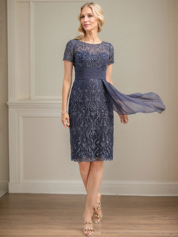 Vestido de madre de la novia de gasa con encaje, escote redondo, ilusión, largo hasta la rodilla, con volantes en cascada y lentejuelas